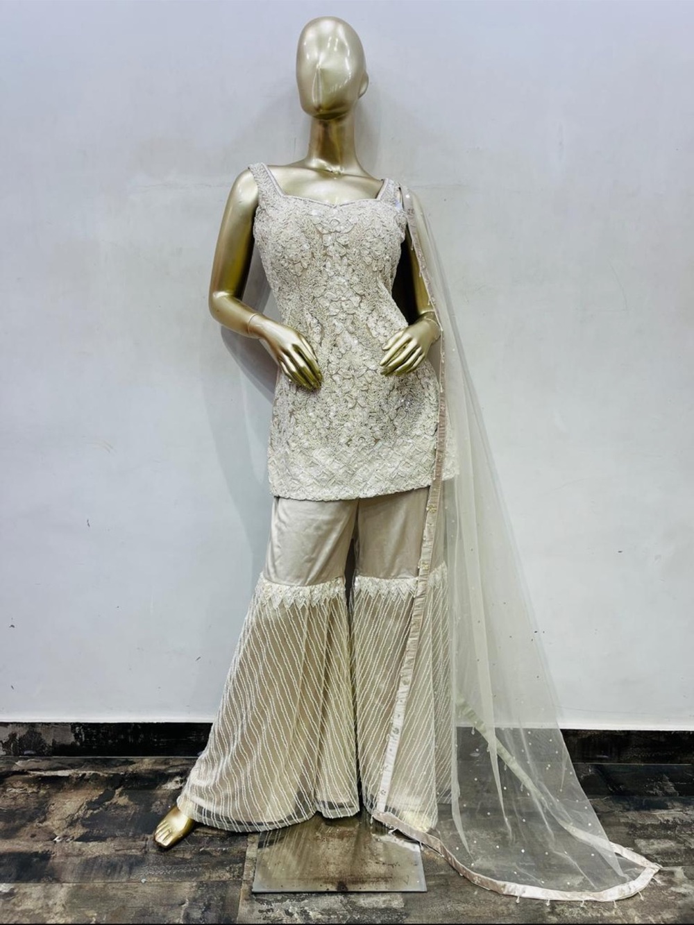Elegant Cream heavy beaded Women's Sharara Set with Dupatta